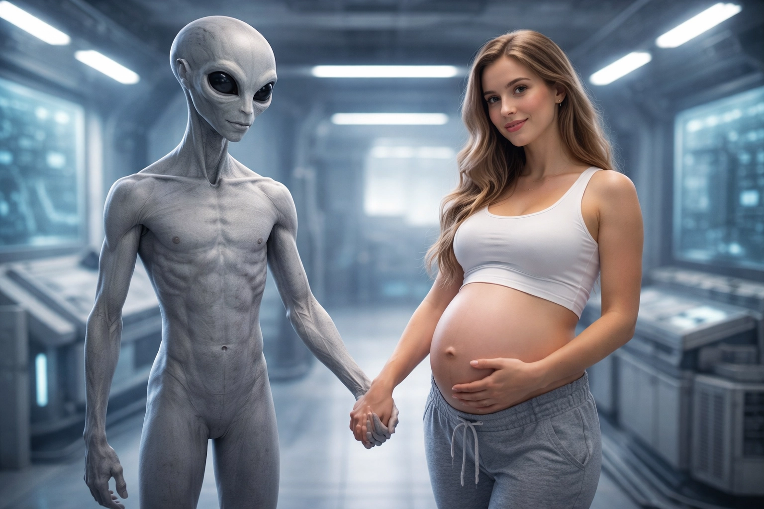 Realistic scene of a gray alien holding hands with a pregnant woman inside a futuristic laboratory representing a human alien hybrid development program