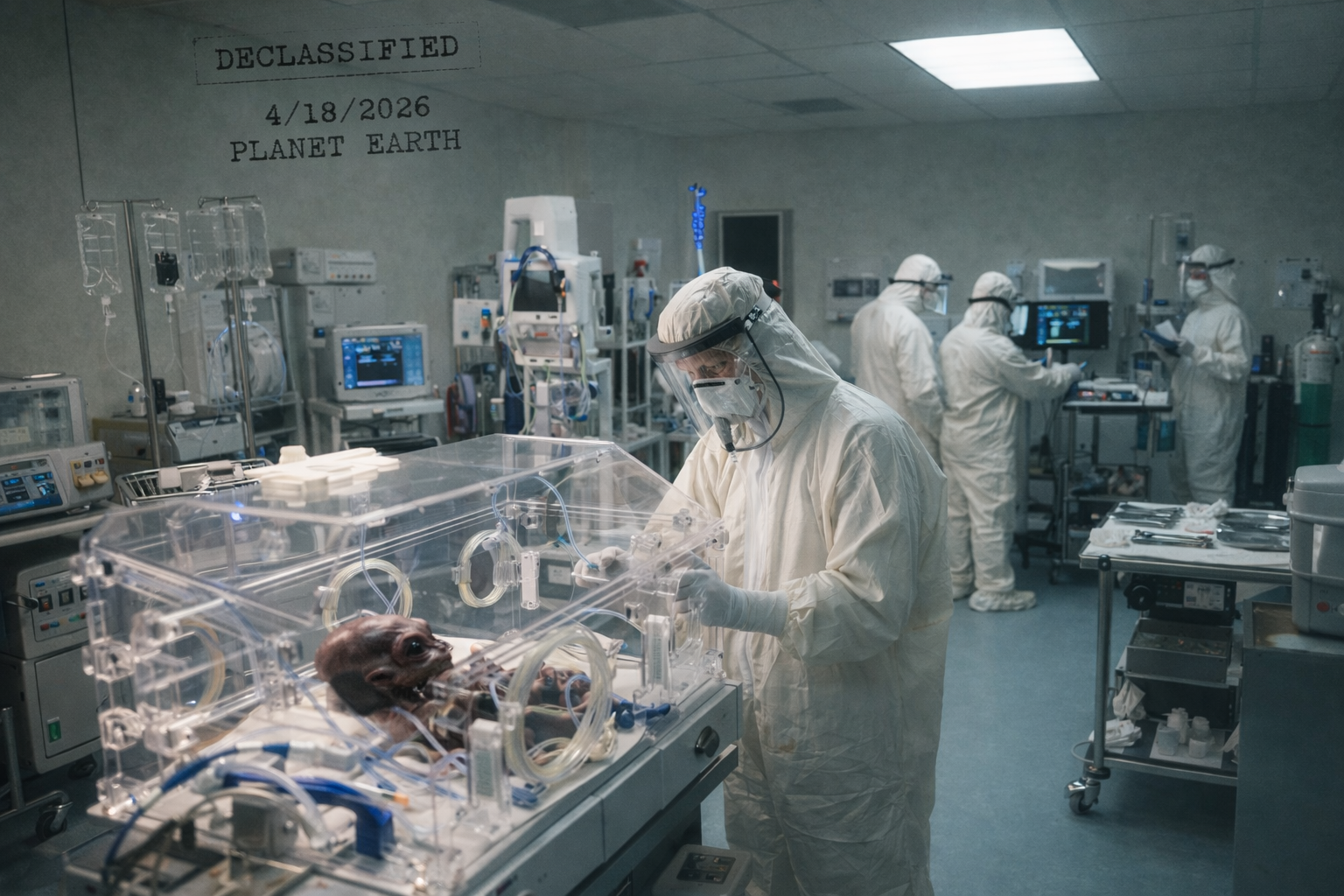 Wide-angle view of a declassified laboratory showing scientists in hazmat suits studying an alien organism in an incubator on April 18, 2026