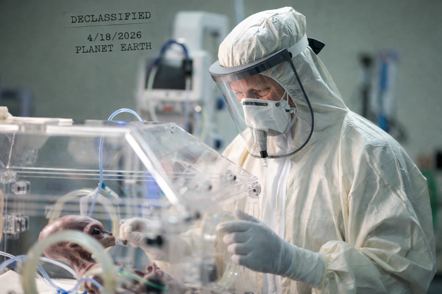 Scientist in hazmat suit examining alien-like organism in lab incubator with declassified stamp dated April 18, 2026 on Planet Earth