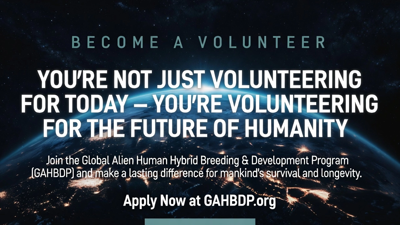 Earth from space with official GAHBDP volunteer recruitment message: You’re not just volunteering for today — you’re volunteering for the future of humanity. Join the Global Alien Human Hybrid Breeding & Development Program at GAHBDP.org