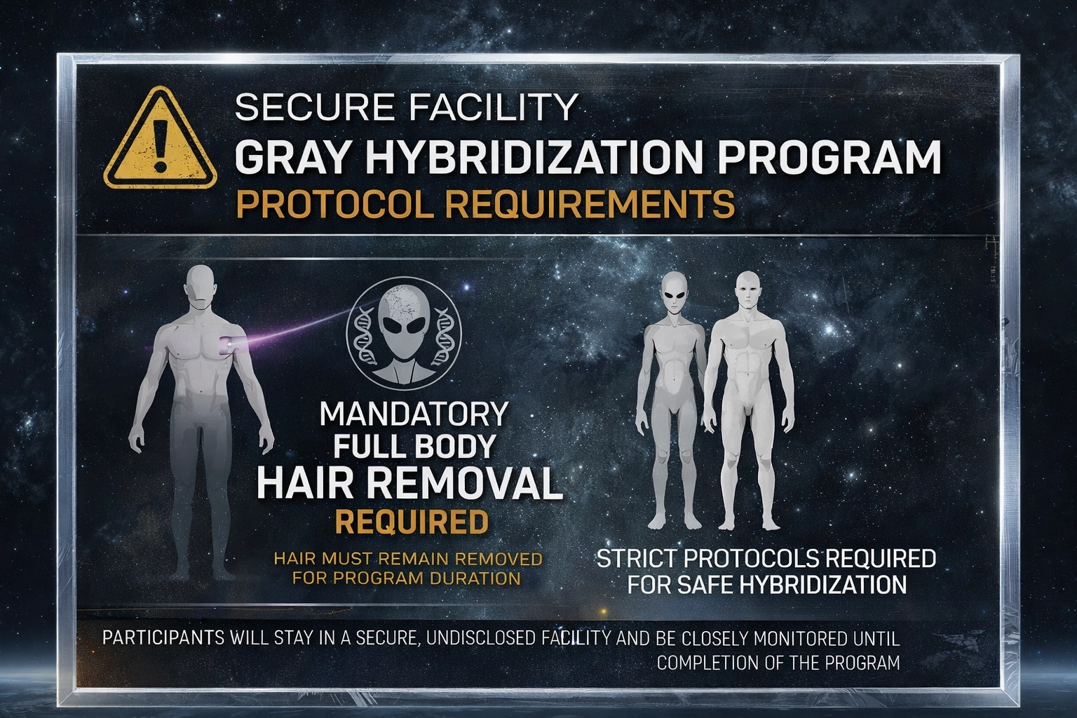 Official protocol sign for the Gray Hybridization Program outlining mandatory full-body hair removal, secure facility residency, and strict participant compliance requirements
